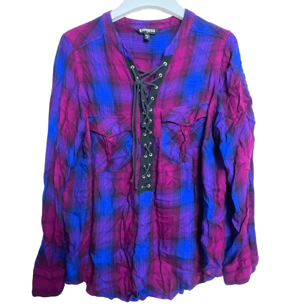 Express‎ Women's Plaid Lace Up Flannel Shirt Long Sleeve Size L